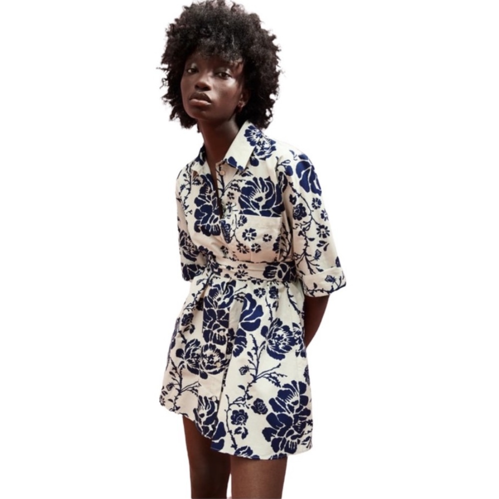 Zara Floral Print Dress. Blue & Cream